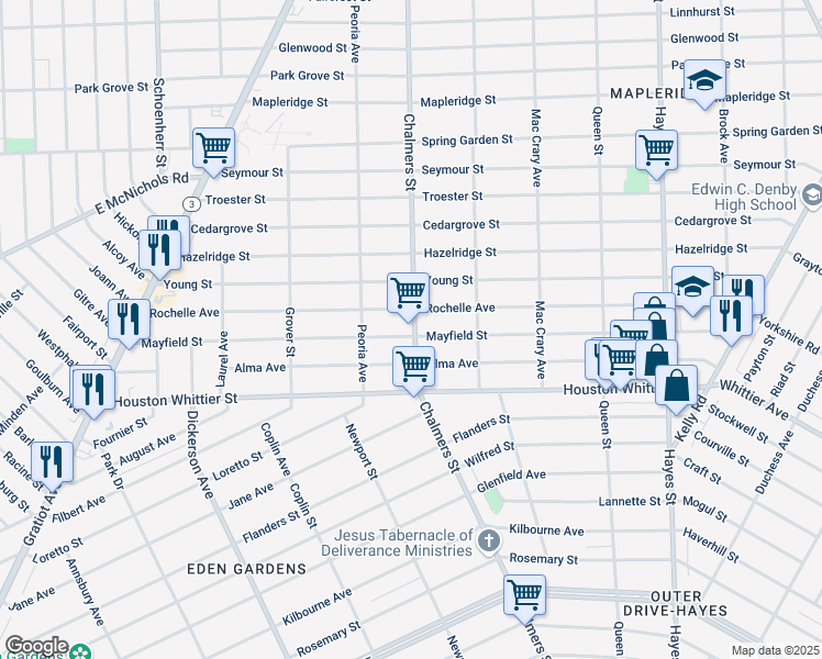 map of restaurants, bars, coffee shops, grocery stores, and more near 14266 Rochelle Avenue in Detroit