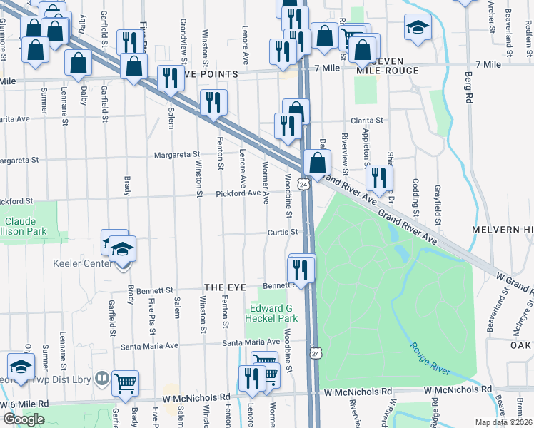 map of restaurants, bars, coffee shops, grocery stores, and more near 18282 Wormer in Detroit
