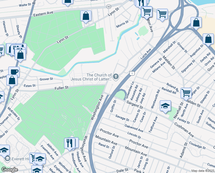 map of restaurants, bars, coffee shops, grocery stores, and more near 12 Jefferson Drive in Revere