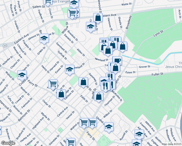 map of restaurants, bars, coffee shops, grocery stores, and more near 134 Taylor Street in Everett
