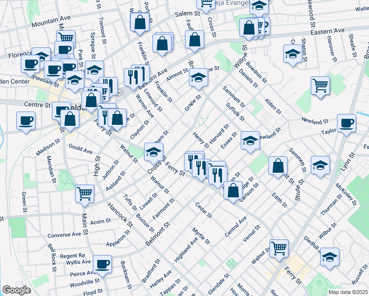map of restaurants, bars, coffee shops, grocery stores, and more near 259 Cross Street in Malden