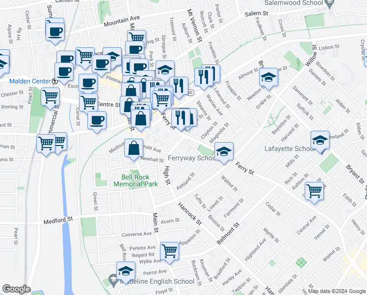 map of restaurants, bars, coffee shops, grocery stores, and more near 245 Ferry Street in Malden