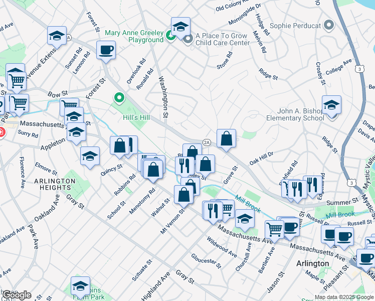 map of restaurants, bars, coffee shops, grocery stores, and more near 288 Summer Street in Arlington