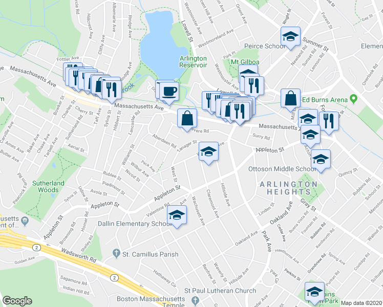map of restaurants, bars, coffee shops, grocery stores, and more near 36 Tanager Street in Arlington