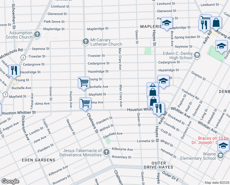 map of restaurants, bars, coffee shops, grocery stores, and more near 14674 Rochelle Avenue in Detroit