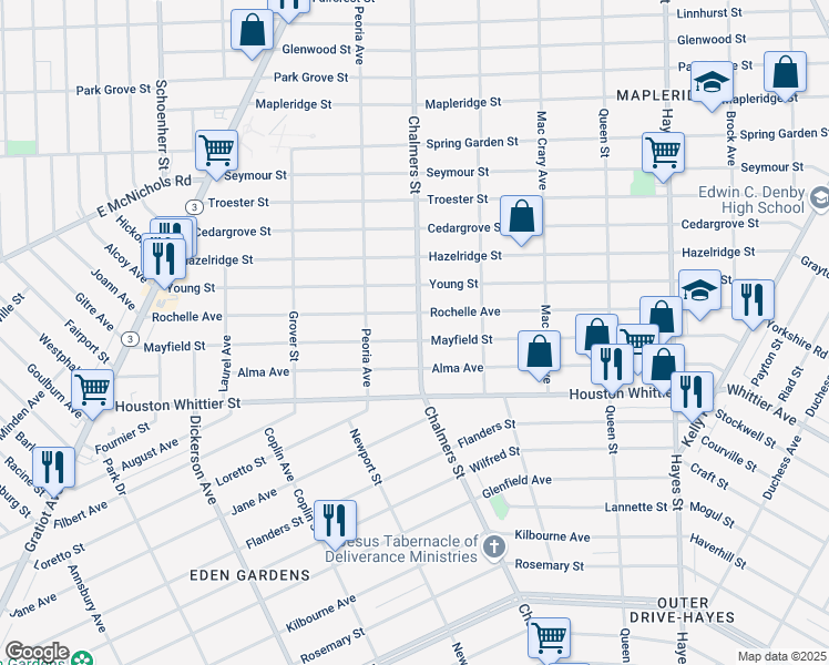map of restaurants, bars, coffee shops, grocery stores, and more near 14266 Rochelle Avenue in Detroit