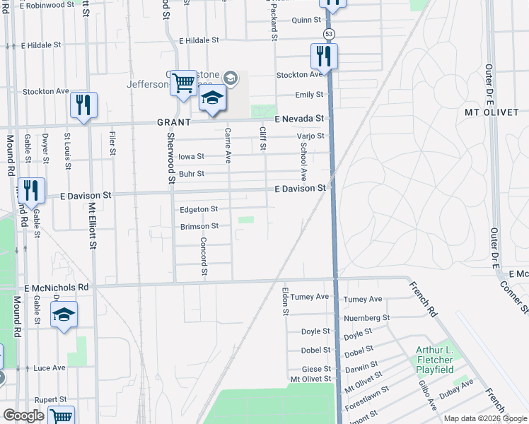 map of restaurants, bars, coffee shops, grocery stores, and more near 7199 Edgeton Street in Hamtramck