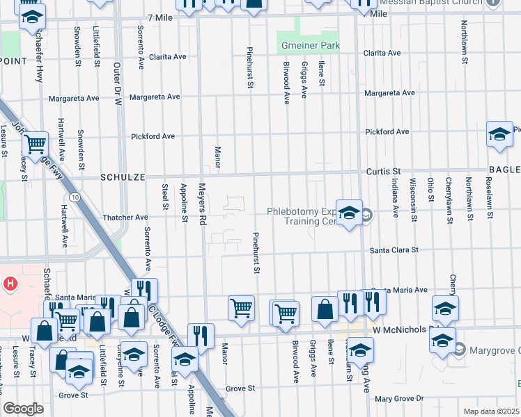 map of restaurants, bars, coffee shops, grocery stores, and more near 18047 Pinehurst Street in Detroit