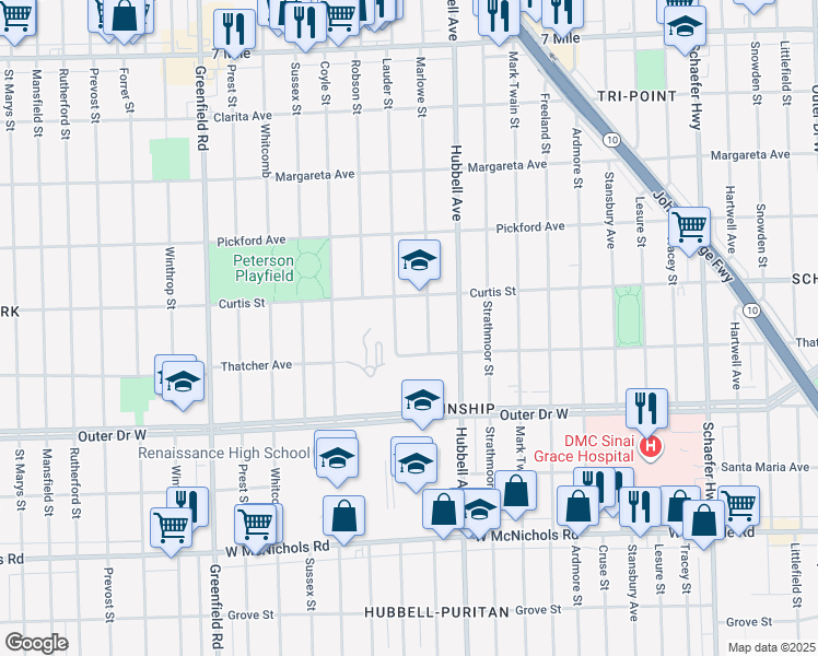 map of restaurants, bars, coffee shops, grocery stores, and more near in Detroit