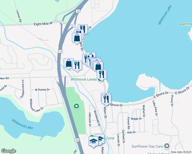 map of restaurants, bars, coffee shops, grocery stores, and more near 9540 Main Street in Whitmore Lake