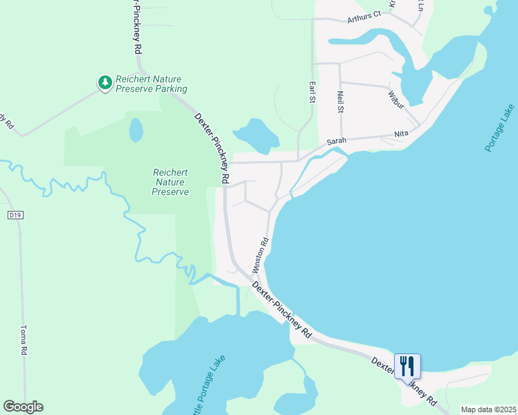 map of restaurants, bars, coffee shops, grocery stores, and more near 9728 Willis Drive in Pinckney