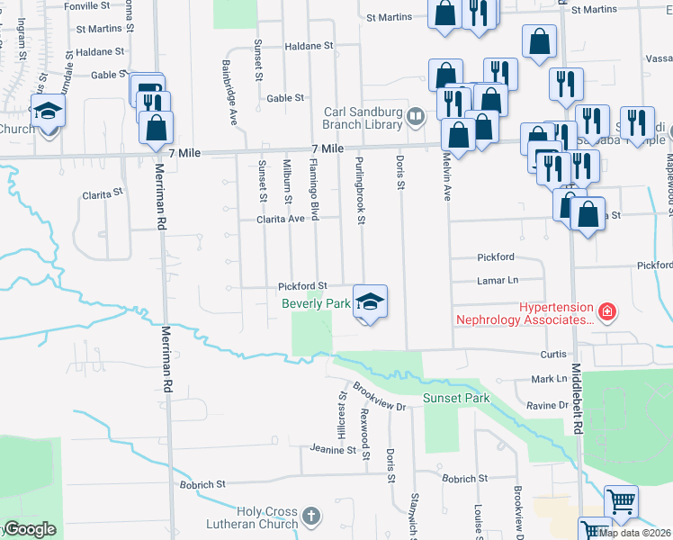 map of restaurants, bars, coffee shops, grocery stores, and more near 18618 Flamingo Boulevard in Livonia