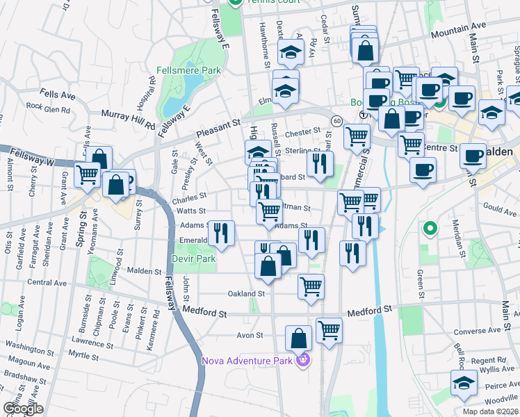 map of restaurants, bars, coffee shops, grocery stores, and more near 284 Highland Avenue in Malden