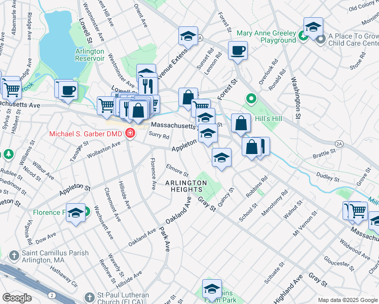 map of restaurants, bars, coffee shops, grocery stores, and more near 7 Harvard Street in Arlington