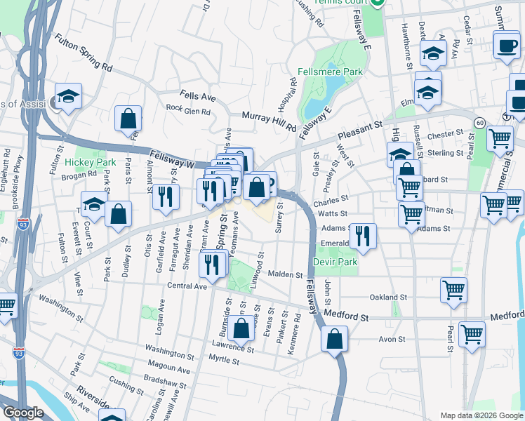 map of restaurants, bars, coffee shops, grocery stores, and more near 469-471 Salem Street in Medford