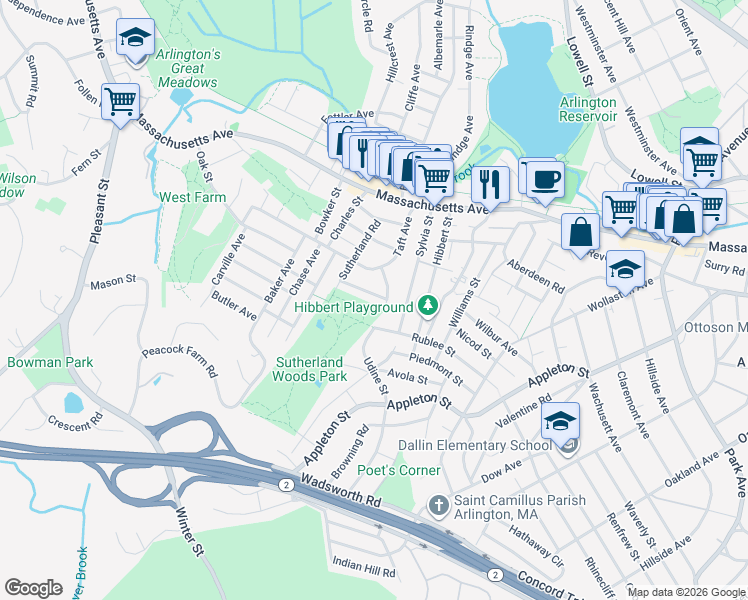 map of restaurants, bars, coffee shops, grocery stores, and more near 5 Aerial Street in Lexington