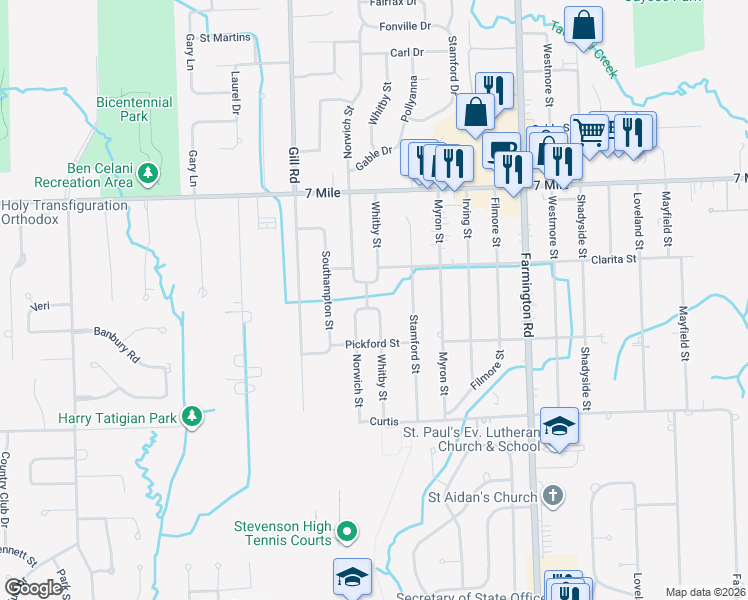 map of restaurants, bars, coffee shops, grocery stores, and more near 18751 Norwich Road in Livonia