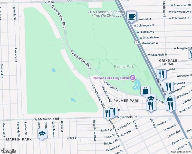 map of restaurants, bars, coffee shops, grocery stores, and more near 910 Merrill Plaisance Street in Detroit