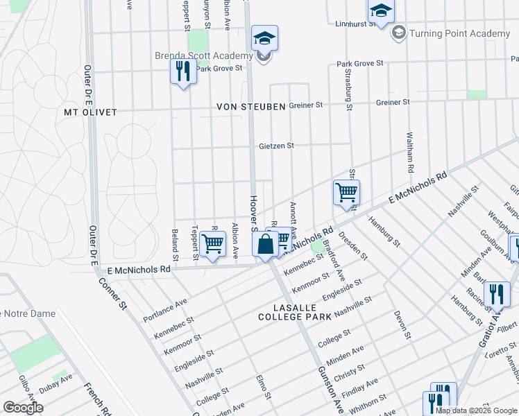 map of restaurants, bars, coffee shops, grocery stores, and more near 17340 Hoover Street in Detroit
