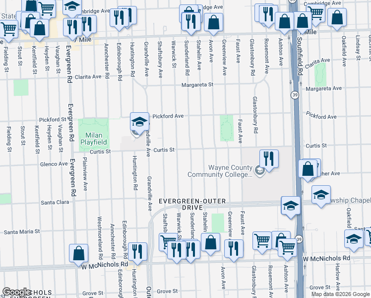 map of restaurants, bars, coffee shops, grocery stores, and more near 18224 Warwick Street in Detroit