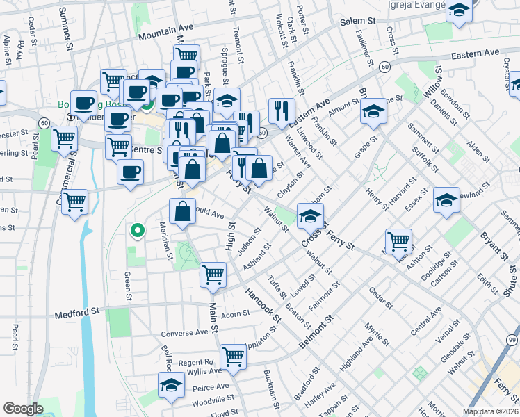 map of restaurants, bars, coffee shops, grocery stores, and more near 21 Walnut Street in Malden
