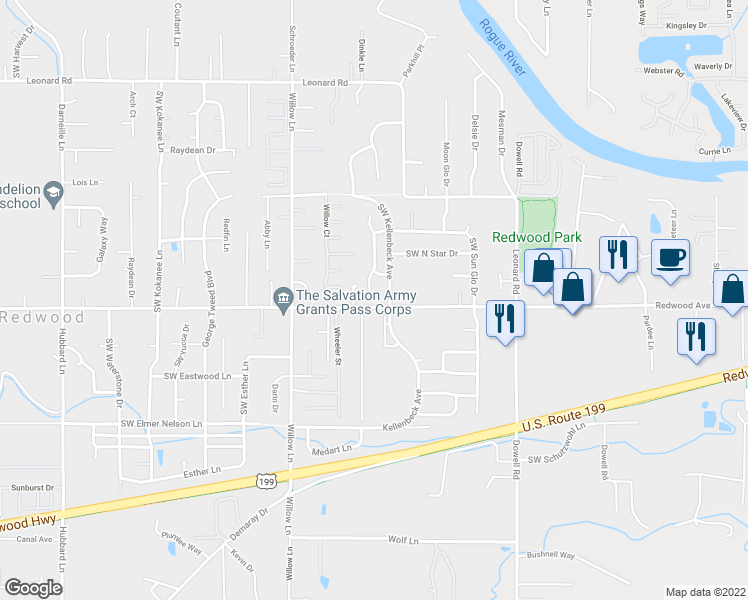 map of restaurants, bars, coffee shops, grocery stores, and more near 1494 Southwest David Drive in Grants Pass