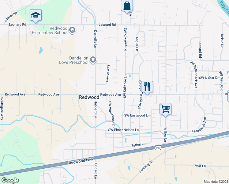 map of restaurants, bars, coffee shops, grocery stores, and more near 2890 Redwood Avenue in Grants Pass