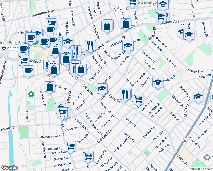 map of restaurants, bars, coffee shops, grocery stores, and more near 20 Upham Street in Malden