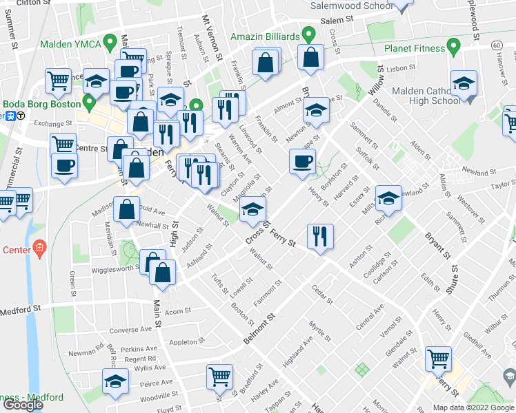 map of restaurants, bars, coffee shops, grocery stores, and more near 20 Upham Street in Malden