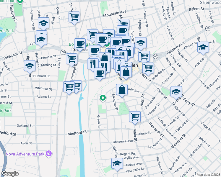 map of restaurants, bars, coffee shops, grocery stores, and more near 27 Madison Street in Malden