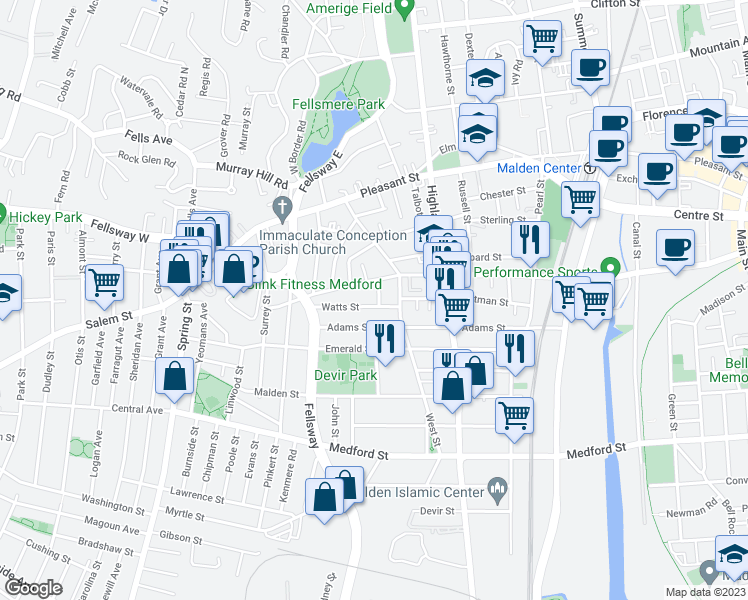 map of restaurants, bars, coffee shops, grocery stores, and more near 7 Townsend Street in Malden