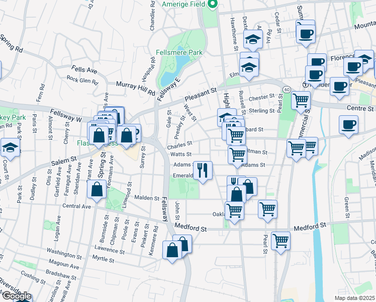 map of restaurants, bars, coffee shops, grocery stores, and more near 421 Charles Street in Malden