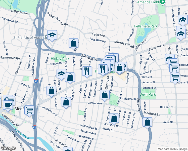map of restaurants, bars, coffee shops, grocery stores, and more near 164 Sheridan Avenue in Medford