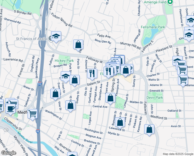 map of restaurants, bars, coffee shops, grocery stores, and more near 164 Sheridan Avenue in Medford