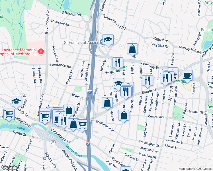 map of restaurants, bars, coffee shops, grocery stores, and more near 75 Fulton Street in Medford