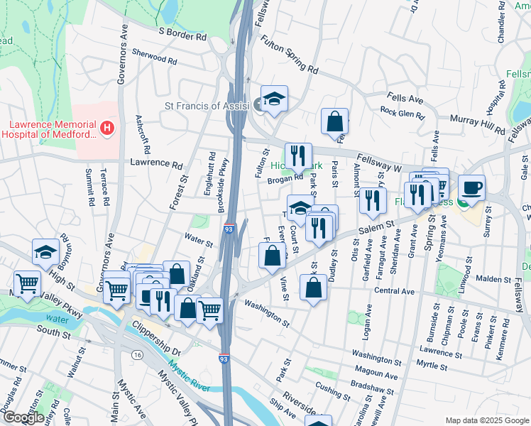 map of restaurants, bars, coffee shops, grocery stores, and more near 75 Fulton Street in Medford