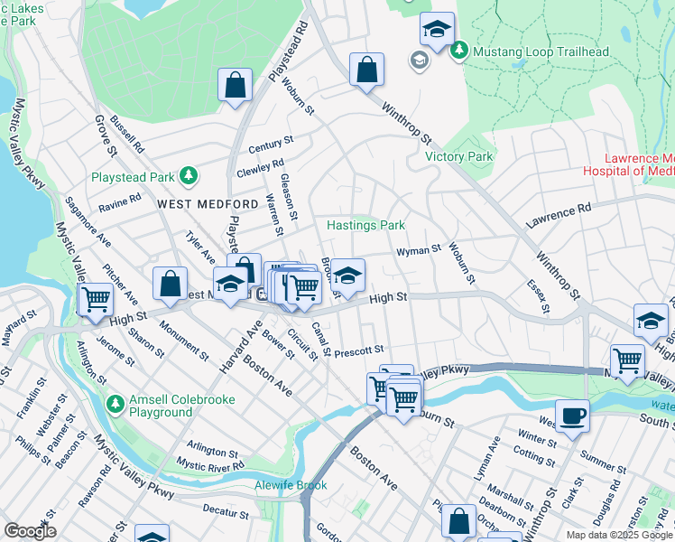 map of restaurants, bars, coffee shops, grocery stores, and more near 39 Brooks Street in Medford