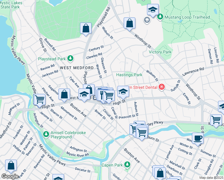map of restaurants, bars, coffee shops, grocery stores, and more near 21 Hillcroft Park in Medford