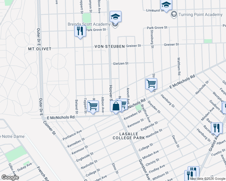 map of restaurants, bars, coffee shops, grocery stores, and more near 17340 Hoover Street in Detroit