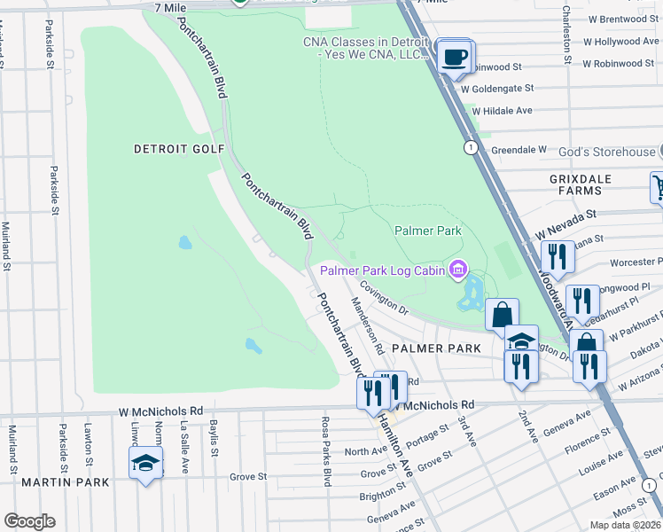 map of restaurants, bars, coffee shops, grocery stores, and more near 910 Merrill Plaisance Street in Detroit
