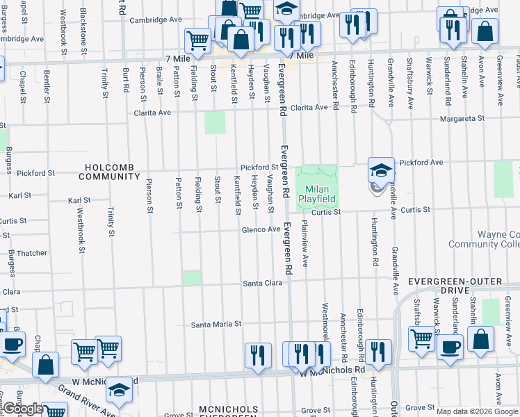 map of restaurants, bars, coffee shops, grocery stores, and more near 18185 Vaughan Street in Detroit
