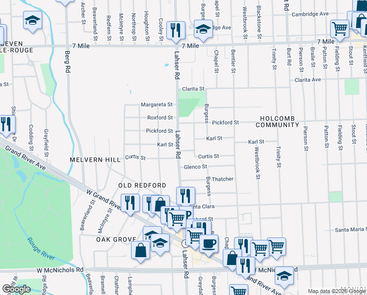 map of restaurants, bars, coffee shops, grocery stores, and more near 18300-18330 Lahser Road in Detroit