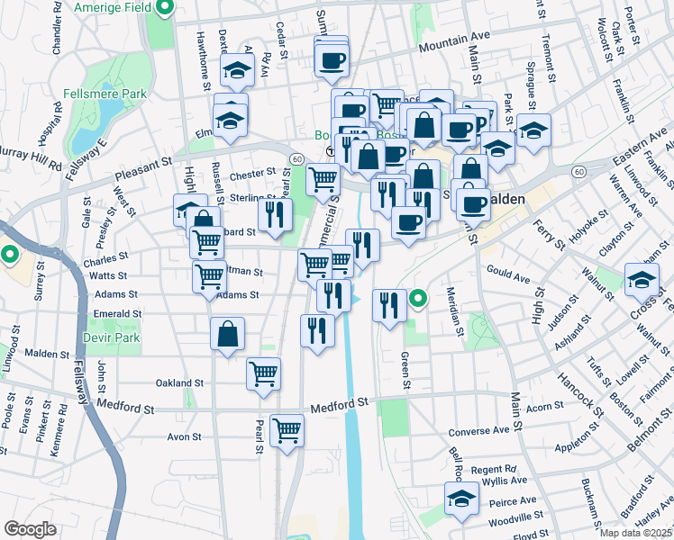 map of restaurants, bars, coffee shops, grocery stores, and more near 150 Charles St in Malden