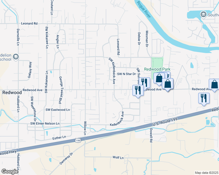 map of restaurants, bars, coffee shops, grocery stores, and more near 1494 Southwest David Drive in Grants Pass