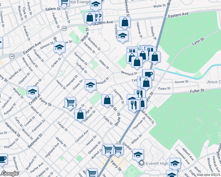 map of restaurants, bars, coffee shops, grocery stores, and more near 134 Taylor Street in Everett