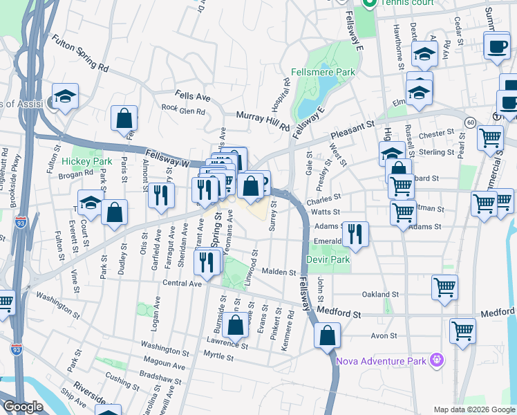 map of restaurants, bars, coffee shops, grocery stores, and more near 469-471 Salem Street in Medford
