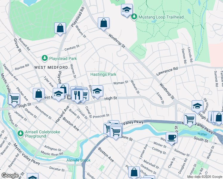 map of restaurants, bars, coffee shops, grocery stores, and more near 103 Mystic Street in Medford