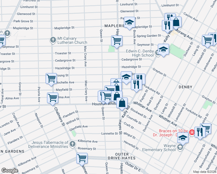 map of restaurants, bars, coffee shops, grocery stores, and more near 15044 Rochelle Avenue in Detroit