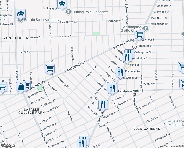 map of restaurants, bars, coffee shops, grocery stores, and more near 12549 Westphalia Street in Detroit