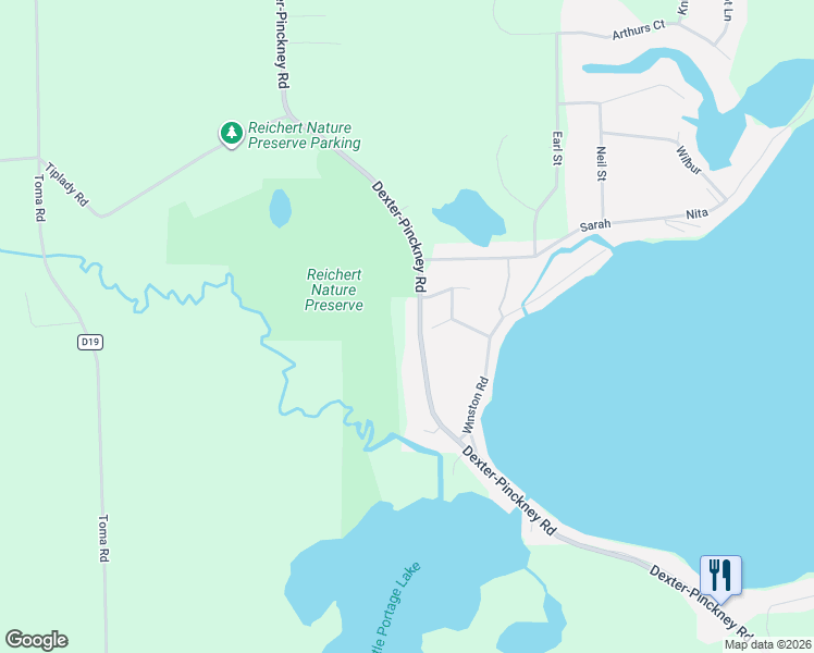 map of restaurants, bars, coffee shops, grocery stores, and more near 9845 Dexter-Pinckney Road in Pinckney